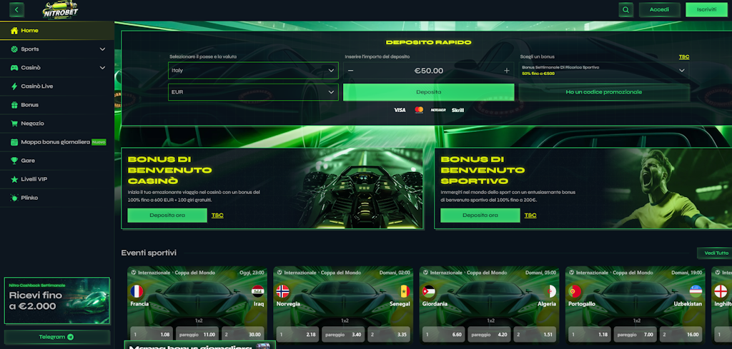 Nitrobet scommesse - homepage interfaccia bookmaker non ADM