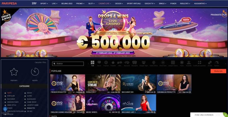 Paripesa casino live - roulette blackjack baccarat con croupier 2026
